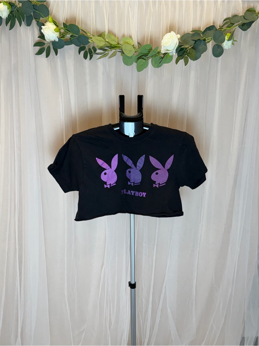 Playboy Black Cropped Graphic Tee Purple Bunny Logos Women’s Small